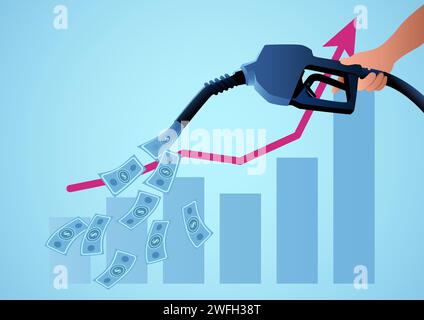 Illustration vectorielle d'une main tenant la buse de carburant d'essence versant de l'argent, augmentation du prix du pétrole, crise de l'énergie Illustration de Vecteur