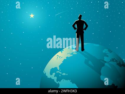 Illustration de concept d'entreprise d'un homme se tient sur le globe regardant le vaste univers, la détermination, l'inspiration, le concept de réseau mondial Illustration de Vecteur