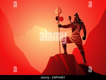 Série d'illustrations vectorielles de dieu hindou et de déesse, Lord Shiva debout au sommet d'un rocher, Dieu indien de l'hindou Illustration de Vecteur