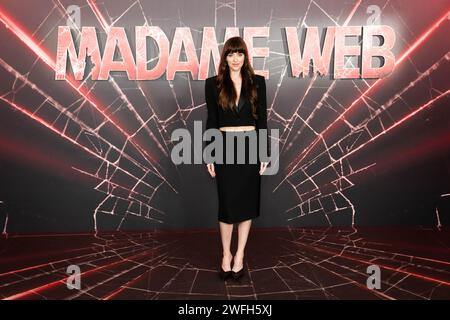 Dakota Johnson pendant le photocall du nouveau film Marvel Madame Web au Claridge's Ballroom, Londres. Date de la photo : mercredi 31 janvier 2024. Banque D'Images