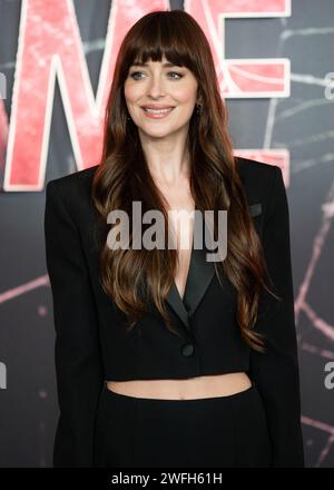 Dakota Johnson pendant le photocall du nouveau film Marvel Madame Web au Claridge's Ballroom, Londres. Date de la photo : mercredi 31 janvier 2024. Banque D'Images