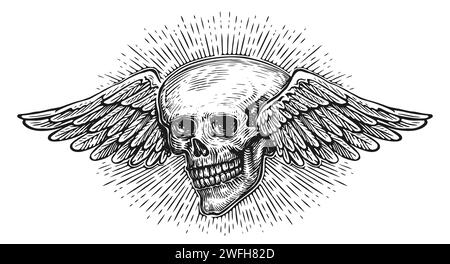 Crâne dessiné à la main avec des ailes dans le style de gravure vintage. Squelette ailé. Illustration vectorielle d'esquisse Illustration de Vecteur