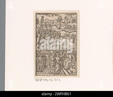 Christ pour Annas et dans le Hof van Getsemane, Anonyme, 1600 - 1699 imprimer le Christ est dirigé par des soldats armés devant le grand prêtre Annas. Un des soldats est sur le point de frapper Christ au visage. En arrière-plan, Christ prie dans la cour de Getsémane et demande à Dieu si cette coupe peut le passer. Petrus, Johannes et Jacobus dorment. Typographie papier néerlandaise imprimant Christ avant Annas (Hanna) ; peut-être un soldat sur le point de frapper Christ (Jean 18:13, 18:19-24). Agonie du Christ ; trois (ou onze) apôtres dormant Banque D'Images