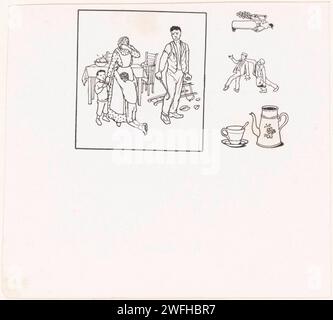 Quatre représentations, Julie de Graag, 1878 - 1924 impriment deux garçons à gauche qui tiennent leur mère. L'un d'eux est à genoux. À côté de lui se trouve son père qui a une paille espagnole dans les mains. Derrière eux une table à manger où une chaise et de la vaisselle reposent sur le sol. A droite une lecture fantastique sur une bouteille de boissons, deux hommes ivres et un service à café. repas du soir papier, dîner, souper. fessée, drubping (des enfants méchants). alcoolisme. service de thé et café Banque D'Images
