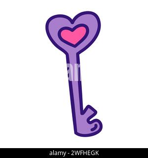 Touche cœur violette. Clé avec coeur rose à l'intérieur. Saint Valentin. Confession des sentiments. Illustration isolée vectorielle doodle dessinée à la main. Vacances 14th of Illustration de Vecteur