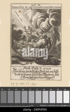 L'apôtre Petrus a la vision des animaux impurs, Anonyme, d'après Johann Jakob von Sandrart, 1697 papier gravé la vision de Pierre des bêtes impures sur le toit de la maison de Simon le Tanner: un drap descend du ciel plein de bêtes à quatre pieds, de choses rampantes et de volaille de l'air Banque D'Images