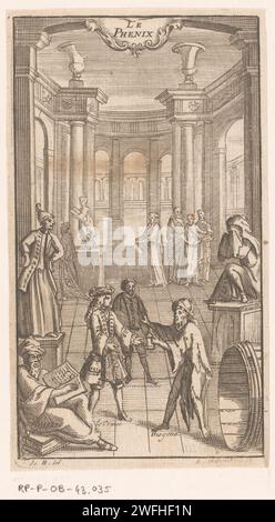 Scène d'une performance théâtrale avec Alexandre le Grand Bij Diogène, Etienne Desrochers, After Unknown, 1695 print Print Maker : ParisÉditeur : gravure papier Genève / typographie personnages historiques. érudit, philosophe. théâtre, représentation théâtrale Banque D'Images
