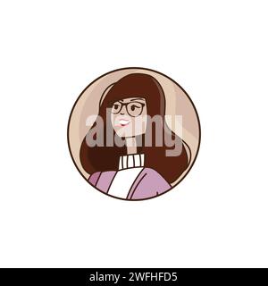 Visage jeune femme avec des lunettes personnage féminin isolatd icône plate Vector. Jeune femme portrait minimaliste beauté femme modèle d'icône visage. Illustration de Vecteur