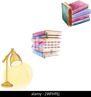Motif sans couture beaux livres vintage aquarelle mignons et chauds et lampe de bureau. D'un lecteur passionné à tous les lecteurs passionnés du monde entier Banque D'Images