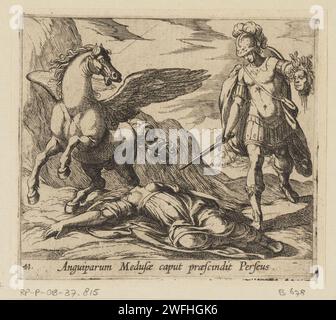 Perseus tue Méduse, Antonio Tempesta, 1606 print Perseus est dans sa main avec la tête coupée de Méduse. Il a une épée dans l'autre main. Sur la gauche se trouve Pegasus. Titre en latin en STUDMARGE. Imprimeur : Italypublisher : Anvers papier gravure Perseus décapitant Medusa. Pegasus, le cheval ailé Banque D'Images