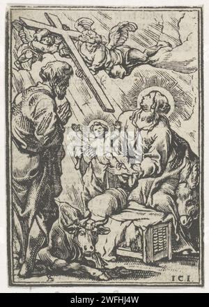 Naissance du Christ, Jan Christoffel Jegher, d'après Antoine Sallaert, 1649 estampe avec l'enfant Christ, Marie se tient dans ses bras dans l'étable avec le boeuf et l'âne. Joseph prie à côté de la crèche. Deux anges tiennent une grande croix au-dessus de l'enfant Christ. Impression typographique papier Anvers Marie, Joseph et le Christ nouveau-né (Nativité) Banque D'Images