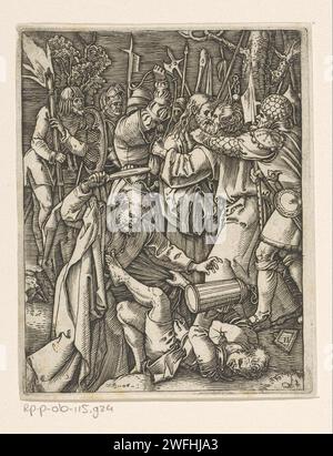 Collection du Christ, Marcantonio Raimondi, d'après Albrecht Dürer, 1511 - 1534 tirage numéroté en bas à droite 12 et 11 sur la plaque. Imprimeur : ItalieAfter design by : Germany papier gravure le baiser de Judas : accompagné de soldats avec des torches et des lanternes, il embrasse Christ. L'arrestation du Christ  jardin de Gethsémani. Pierre tire son épée et coupe l'oreille de Malchus Banque D'Images