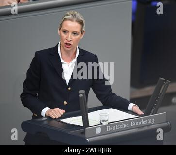 Berlin, Allemagne. 31 janvier 2024. Alice Weidel (AfD), leader du groupe parlementaire, intervient au Bundestag lors du débat général sur le budget du Chancelier fédéral et de la Chancellerie fédérale. Crédit : Ann-Marie Utz/dpa/Alamy Live News Banque D'Images