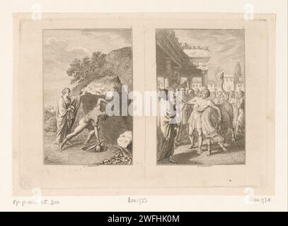 Deux représentations de la vie de Thoseus, Daniel Nikolaus Chodowiecki, 1794 impression à gauche : Thésée trouve les armes de son père. Droite : Thésée attrape le taureau de Marathon. Nummered en haut à droite : 1, 2. Berlin papier gravure (histoire de) Theseus. Thésée prend l'épée et les sandales de son père Aegeus sous le rocher ; habituellement en présence de sa mère Aethra. Thésée capture le taureau de Marathon Banque D'Images