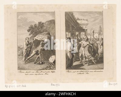 Deux représentations de la vie de Thoseus, Daniel Nikolaus Chodowiecki, 1794 impression à gauche : Thésée trouve les armes de son père. Droite : Thésée attrape le taureau de Marathon. Avec légende en allemand et numéro en haut à droite : 1, 2. Berlin papier gravure (histoire de) Theseus. Thésée prend l'épée et les sandales de son père Aegeus sous le rocher ; habituellement en présence de sa mère Aethra. Thésée capture le taureau de Marathon Banque D'Images
