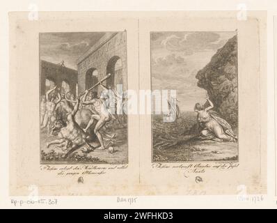Deux représentations de la vie de Thoseus, Daniel Nikolaus Chodowiecki, 1794 print left : Theseus bat le Minotaurus. Droite : Thoseus laisse Ariane pleurer sur Naxos. Avec légende en allemand et numéro en haut à gauche : 3,4. Dans la marge, quelques têtes sont gravées de manière sommaire. Berlin papier gravure (histoire de) Theseus. Thésée tue le Minotaure. Ariadne est parti sur l'île de Naxos Banque D'Images