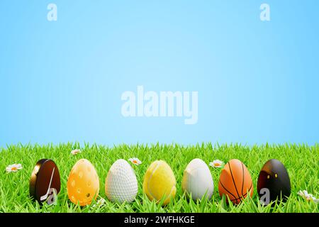 Balles de sport en forme d'oeuf de Pâques sur une prairie dans l'herbe. Rendu 3D. Banque D'Images