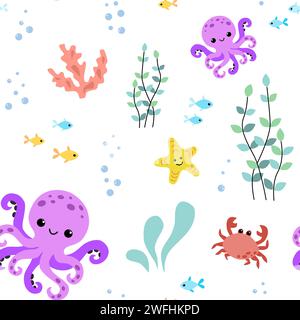 Modèle sans couture avec des animaux marins mignons. Illustration de Vecteur