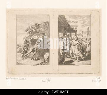 Deux représentations de la vie de Thoseus, Daniel Nikolaus Chodowiecki, 1794 impression à gauche : Thésée trouve les armes de son père. Droite : Thésée attrape le taureau de Marathon. Nummered en haut à droite : 1, 2. Berlin papier gravure (histoire de) Theseus. Thésée prend l'épée et les sandales de son père Aegeus sous le rocher ; habituellement en présence de sa mère Aethra. Thésée capture le taureau de Marathon Banque D'Images