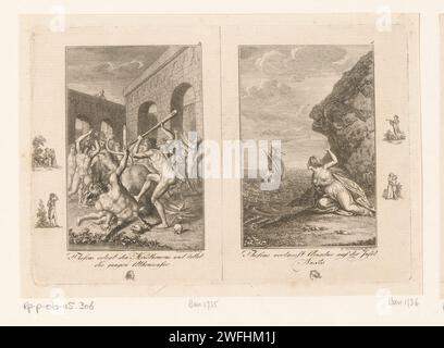 Deux représentations de la vie de Thoseus, Daniel Nikolaus Chodowiecki, 1794 print left : Theseus bat le Minotaurus. Droite : Thoseus laisse Ariane pleurer sur Naxos. Avec légende en allemand et numéro en haut à gauche : 3,4. Dans la marge, différentes têtes et figures sont gravées de manière sommaire. Berlin papier gravure (histoire de) Theseus. Thésée tue le Minotaure. Ariadne est parti sur l'île de Naxos Banque D'Images