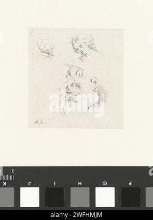 Deux têtes de femmes et la tête d'un soldat, Stefano della Bella, 1620 - 1657 print vu la tête d'une femme regardant vers le haut, la tête d'une femme regardant vers le bas et la tête d'un soldat sur le dos. tête de gravure du papier (humaine) (+ vue arrière). tête (humaine) (+ vue latérale, profil). tête (humaine) (+ vue de trois quarts). le soldat ; la vie du soldat. femme adulte Banque D'Images