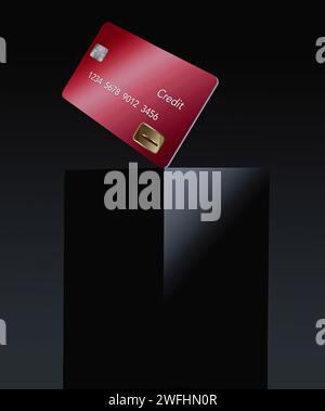 Une carte de crédit ou de débit rouge est visible au-dessus d'une boîte noire dans une illustration en 3D. Banque D'Images
