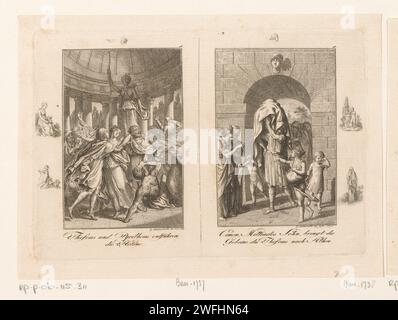 Deux représentations de la vie de Thoseus, Daniel Nikolaus Chodowiecki, 1794 print left : The kidnapping of Helena. Droite : Kimon porte les os de Thoseus Athènes. Avec légende en allemand et numéro en haut à gauche : 5,6. Dans la marge, différentes têtes et figures sont gravées de manière sommaire. Berlin papier gravure (histoire de) Theseus. Thésée et Pirithous enlevant Helen. Cimon, l'Athénien, ramène les os de Thésée dans sa ville Banque D'Images