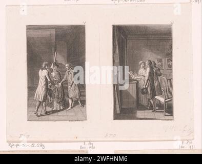 Deux représentations tirées des histoires de Wilhelm Gottlieb Becker, Daniel Nikolaus Chodowiecki, 1798 exemplaires numérotés en haut à droite : 5 et 6. Gravure sur papier Berlin, serrant la main, 'dextrarum junctio'. escalier. portrait, autoportrait d'artiste Banque D'Images