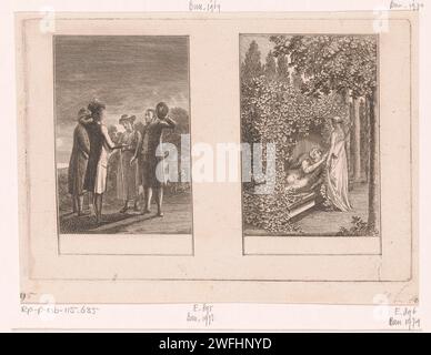 Deux représentations des histoires de Wilhelm Gottlieb Becker, Daniel Nikolaus Chodowiecki, 1799 print Berlin papier gravure 'en route', voyageur en cours de route. jardin. embrasser la main (amoureux). bandeau sur les yeux. cither, mandoline, guitare, balalaika Banque D'Images