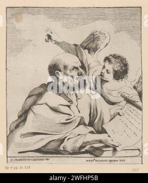 Matteüs de Evangelist, Giovanni Battista Pasqualini, d'après Guercino, 1601 - c. 1634 imprimer l'évangéliste Matthieu avec l'évangile, un rouleau et l'ange ou la personne ailée. Italie papier gravure de l'apôtre et évangéliste Matthieu (Mattheus) ; attributs possibles : ange, hache, livre, halberd, stylo et encrier, sac à main, rouleau, carré, épée Banque D'Images