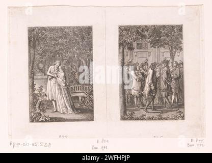 Deux performances tirées des histoires de Wilhelm Gottlieb Becker, Daniel Nikolaus Chodowiecki, 1797 print Berlin papier gravure Littérature. foule, mob. ouvrir la fenêtre. jardin. (amoureux) s'embrassant les uns les autres, 'symplegma' Banque D'Images