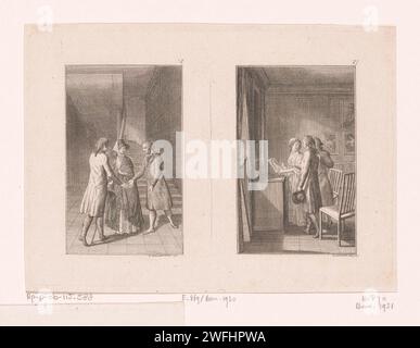 Deux représentations tirées des histoires de Wilhelm Gottlieb Becker, Daniel Nikolaus Chodowiecki, 1798 exemplaires numérotés en haut à droite : 5 et 6. Portrait gravure papier Berlin, autoportrait de l'artiste. escalier. secousses de main, 'dextrarum junctio' Banque D'Images