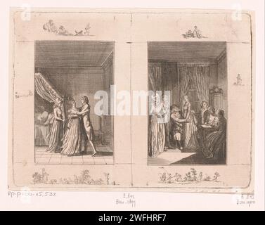 Deux performances tirées des histoires de Wilhelm Gottlieb Becker, Daniel Nikolaus Chodowiecki, 1797 imprimés des figures différentes sont gravées dans la marge de manière sommaire. Berlin papier gravure Littérature. (amoureux) s'embrassant les uns les autres, 'symplegma'. chambre. pleurant. Consolation Banque D'Images