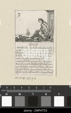 Femme de Grèce, Stefano della Bella, 1620 - 1664 print. Carte à jouer carte à jouer avec une représentation d'une femme grecque assise, appuyée contre un bâtiment avec une demi-lune sur la porte. A côté d'elle se trouvent un bouclier, de la musique et des instruments scientifiques et une couronne de Laurier. Un navire en mer en arrière-plan. Texte en STUDMARGE. Numéroté en haut à gauche : 3. Le papier de Paris décapage les Européens. Figure assise Grèce Banque D'Images