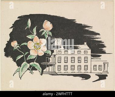 Palais Soestdijk et une fleur avec des portraits de silhouette de Wilhelmina, Reine des pays-Bas, Juliana, Reine des pays-Bas, et Bernhard van Lippe -Biesterfeld, 1940 - 1950 print Palais Soestdijk et une fleur avec des portraits de Silhouette de Wilhelmina, Juliana et Bernhard cachés entre les feuilles. Papier néerlandais Soestdijk Palace Banque D'Images