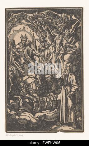 saint couronné sur une voiture, Geronima Cagnaccia Parasole, d'après Antonio Tempesta, c. 1579 - 1622 imprimer Un Saint mâle couronné, assis sur une voiture tirée par des chevaux et entouré d'anges. Sur la droite au premier plan se trouve un homme barbu avec un bâton. Italie saints en papier. char, voiture triomphale. anges Banque D'Images