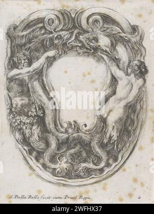 Cartouche avec deux poissons, un triton et une sirène, Stefano della Bella, imprimeur 1647 : Franceafter propre design par : Francepublisher : ParisFrance paper gravure ornement  cartouche. triton(s). Merman - AA - sirène, sirène Banque D'Images