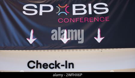 Hambourg, Allemagne. 31 janvier 2024. Le logo de la conférence de l'industrie SpoBis peut être vu sur un mur d'affichage. Crédit : Christian Charisius/dpa/Alamy Live News Banque D'Images