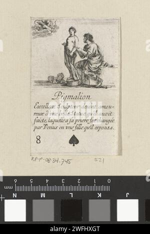 Pygmalion, Stefano Della Bella, 1620 - 1664 print. Carte à jouer carte à jouer avec une performance de Pygmalion qui est amoureux d'une statue de Vénus. Texte et coups de pied dans la marge inférieure. Imprimeur : Francepublisher : ParisFrance gravure sur papier Pygmalion tombe amoureux de la statue qu'il sculpte Banque D'Images