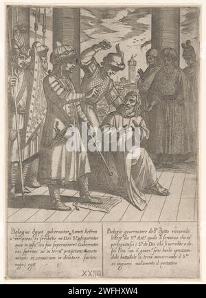 Belagio ne prête pas attention à la demande de H. Antonius, 1598 print Belagio ne prête pas attention à la demande de H. Antonius de ne pas poursuivre les chrétiens. Belagio est sur la demande écrite avec son pied. Un autre homme frappe H. Antonius. Texte italien et latin en deux colonnes dans la marge inférieure. Imprimeur : Italiaafter painting by : Romeafter painting by : Romeeditor : RomeItaliepaper gravure de l'ermite Antony Abbé (Antonius Abbas) d'Egypte, aussi appelé le Grand ; attributs possibles : cloche, livre, bâton en forme de T, flammes, cochon Banque D'Images