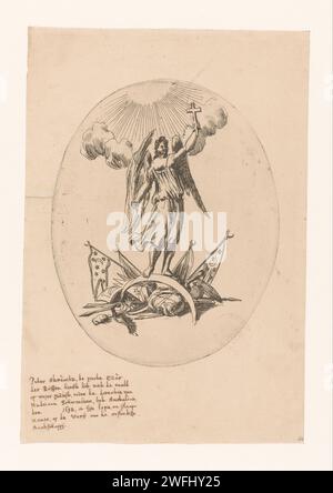 Allégorie de la victoire dans Azov, Pierre Ier le Grand (Tsar de Russie), 1698 estampe Engel debout sur un croissant inversé, y compris les armes et les drapeaux. Cette estampe est également connue comme un triomphe du christianisme sur l'islam. Amsterdam papier gravure triomphe de l'Église (ou religion). anges couronnant et/ou apportant des branches de palmier. drapeaux et normes (militaires) Banque D'Images