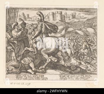 Illustration au Canto XX du 'Gerusalemme Liberata' de Tasso, Antonio Tempesta, 1565 - 1630 impression sur la gauche est Altamore, le roi de Sarmatand, entouré de soldats. Il se rend à Godfried van Bouillon qui le représente à cheval. Armée et ville de Jérusalem en arrière-plan. Versets italiens de Tasso en deux colonnes dans Submarge. Imprimeur : ItalyAfter propre design par : ItalyVaticaanstadItalie gravure sur papier (scènes de) œuvres littéraires spécifiques : Tasso, Gerusalemme Liberata. knight. prosélytisme militant : guerre religieuse, croisade, etc. Reddition  guerre Jérusalem Banque D'Images