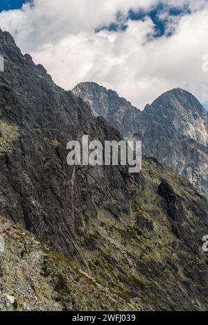 Vue sur Pysny stit et Lomnicky stit sommets de montagne de Sedielkou dans les montagnes des Hautes Tatras en Slovaquie Banque D'Images