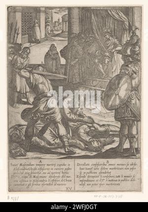 H. Antonius visite les chrétiens capturés par Maximilian, 1598 print H. Antonius visite les chrétiens capturés par Maximilian. Antonius s'agenouille à côté des corps de deux chrétiens décapités. Texte italien et latin en deux colonnes dans la marge inférieure. Imprimeur : Italyafter painting by : Romeafter painting by : Romeeditor : RomeItaly paper graving prison, Jail. L'ermite Antony Abbé (Antonius Abbas) d'Egypte, également appelé le Grand ; attributs possibles : cloche, livre, bâton en forme de T, flammes, cochon Banque D'Images