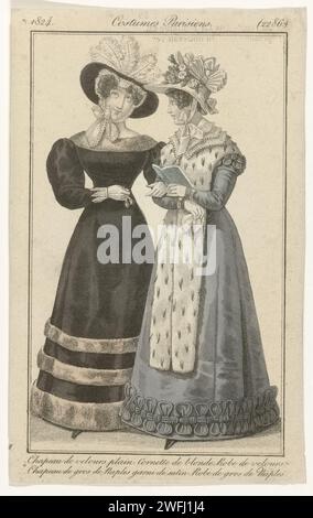 Journal des dames et de la mode, costumes parisiens, 1824, (2286) : chapeau de velours Uni (...), Anonyme, 1824 deux femmes sont armées, dont une avec un livre en main. La femme à gauche porte une robe de velours ornée de bords de fourrure (?). Sur la tête un chapeau de velours Uni et une cornette de blonde (canette). L'autre femme porte une robe de 'gros de Naples'. Sur la tête un chapeau de 'gros de Naples' décoré de satin. Aux épaules un palatin d'Hermelijn (?). Le tirage fait partie du magazine de mode Journal des Dames et des modes, publié par Pierre de la Mésangère, Paris, 1797-183 Banque D'Images