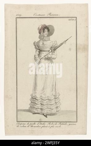 Journal des dames et de la mode, costumes parisiens, 5 juin 1819, (1820) : chapeau de paille Itali (...), Anonyme, 1819 Femme debout dans un jaron de batiste de coton (percale). Sur la tête un chapeau de 'paille d'Italie'. Parasol dans les mains. Le tirage fait partie du magazine de mode Journal des Dames et des modes, édité par Pierre de la Mésangère, Paris, 1797-1839. Assiettes de mode gravure papier Paris. casque : chapeau (+ vêtements pour femmes). robe, robe (+ vêtements pour femmes). parasol, parasol (+ vêtements pour femmes) Banque D'Images