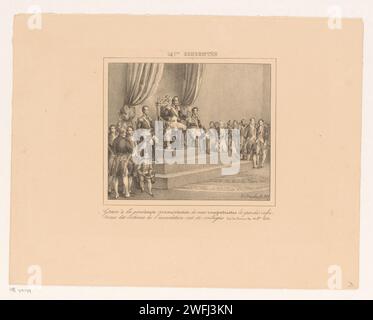 Le roi Guillaume Ier remercie pour l'aide accordée aux victimes de l'inondation de 1826, Jean-Louis van Hemelryck, 1829 estampe le roi Guillaume Ier doit à ses compatriotes l'aide aux victimes de l'inondation du 16 octobre 1826. Le roi est assis sur son trône. Ses fils, le prince héritier et le prince Frederik sont de chaque côté de lui. Avec légende bidirectionnelle. Les actes officiels du journal de Bruxelles des dirigeants, par exemple les actes royaux (dirigeant donnant audience, accordant miséricorde, etc. ; Dirigeant et ses sujets). représentation populaire  gouvernement Banque D'Images