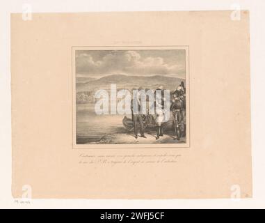 Le roi Guillaume Ier rencontre John Cockerill, Jean-Louis Van Hemelryck, 1829 estampe le roi Guillaume Ier rencontre l'industriel John Cockerill et lui assure qu'il lui reste toujours de l'argent pour l'industrie du pays. Debout sur les rives d'un lac avec l'ancien palais d'été des Prinsévêques de Liège à Seraing de l'autre côté, dans lequel William Cockerill avec ses fils Jean et Jacques ont établi une grande usine avec des hauts fourneaux alimentés à Coke. Avec légende bidirectionnelle. Règle de papier bruxelloise en contact informel avec ses sujets. paysages avec des eaux, des paysages aquatiques, des paysages marins (dans le zon tempéré Banque D'Images