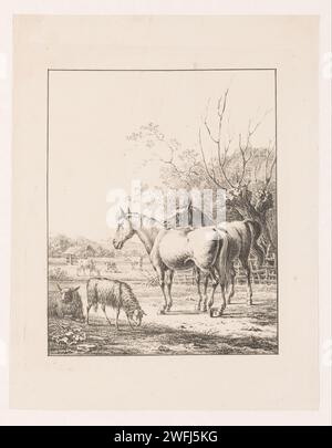 Deux chevaux, deux moutons et vaches, Pieter de Goeje, 1809 - 1859 imprimer Un cheval regarde par-dessus le dos du deuxième cheval et a sauvé sa bouche ouverte. Deux moutons sur la gauche. Trois vaches dans un pré près de la ferme. Cheval de papier néerlandais. mouton. vache. prairie, pâturage. ferme (bâtiment) Banque D'Images