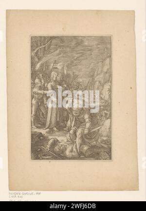 Judaskus et arrestation du Christ, 1598 imprimer Christ est capturé par des soldats à la cour de Getsémane. Judas l'embrasse sur la joue. Peter Malchus prend une oreille au premier plan. Imprimeur : Haarlem Éditeur : Haarlem Éditeur : Amsterdam gravure sur papier Peter tire son épée et coupe l'oreille de Malchus. Le baiser de Judas : accompagné de soldats avec des torches et des lanternes, il embrasse Christ Banque D'Images
